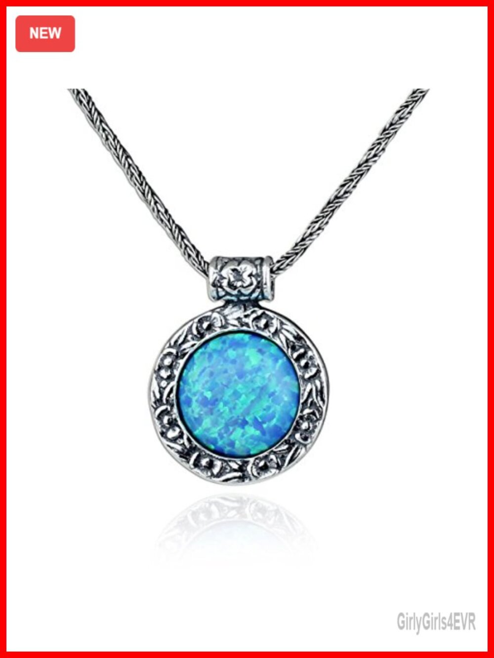 925 Sterling Silver Created Blue Fire Opal Pendant Necklace Floral 20"